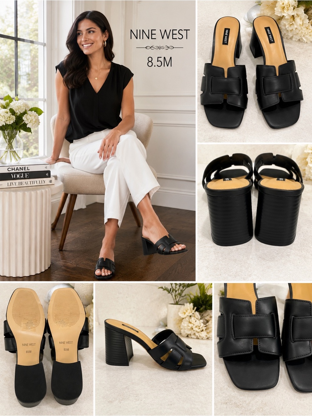 Nine West Black Block Heel Slide Sandals H Strap Size 8.5M